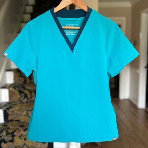 FIGS Oran Scrub Top V Neck Turquoise w/ Navy Trim and Slash Pockets Womens Sz M